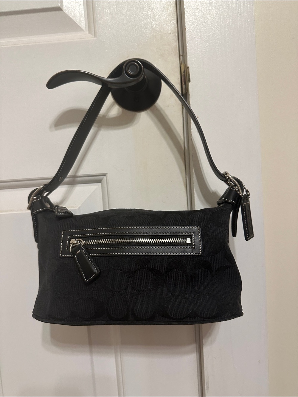 Coach Black Signature Jacquard Shoulder Bag with Front Zip